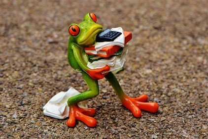 grenouille débordée tenant une pile de dossiers pour illustrer l'image de la grenouille dans une casserole d'eau qui chauffe, symbole d'un environnement de travail qui se dégrade progressivement