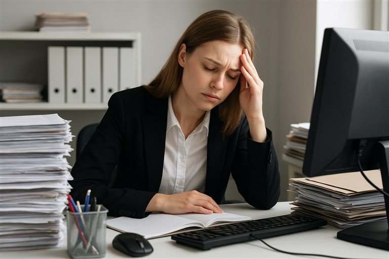 Photo d'une femme au bureau, qui se tient la tête d'une main et a les yeux fermés, des piles de dossiers autour d'elle, pour illustrer qu'elle est dans un travail toxique avec une ou plusieurs des 10 causes fréquentes