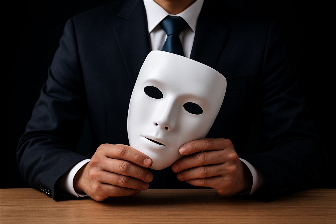 Illustration d’un manager en costume tenant un masque blanc devant lui, représentant les signes d’un manager toxique et la duplicité exercée sur son équipe.