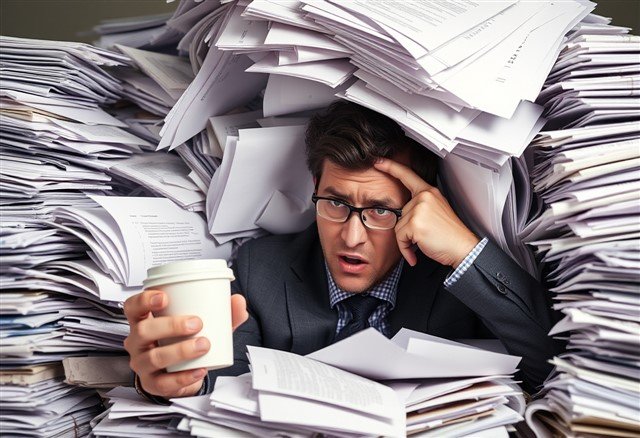 Illustration d'un cadre en costume tenant un café complètement submergé de piles de documents pour illustrer le stress dû à la surcharge de travail et aux objectifs irréalistes