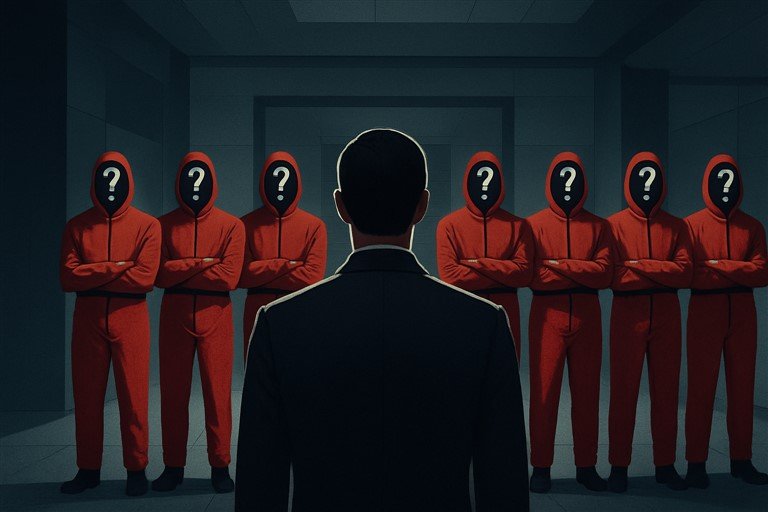 Un candidat vu de dos fait face à des recruteurs masqués en uniforme rouge, symbolisant l’opacité et la dureté du processus de recrutement actuel.