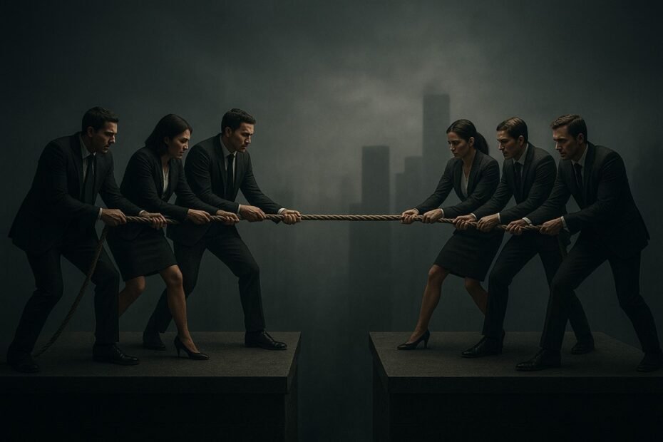 Illustration de cadres tirant à la corde sur des plateformes en hauteur, symbolisant la compétition et la difficulté de la recherche d’emploi en 2025.