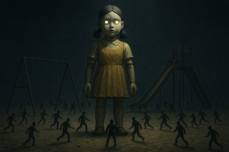 Illustration inspirée de Squid Game, une poupée géante surveille des candidats sur un terrain de jeu, image symbolique de la recherche d’emploi perçue comme un jeu dangereux.