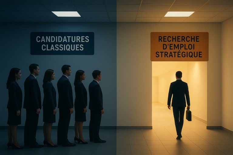illustration opposant d'un côté des candidats nombreux, faisant la file, qui utilisent des candidatures classiques - les candidatures en masse - et un candidat sûr de lui qui prend un chemin différent, éclairé - celui d'une recherche d'emploi stratégique.