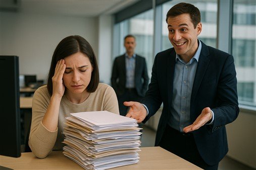 Employée débordée devant une pile de documents, la tête dans la main, tandis qu’un collègue faux gentil affiche soudain un large sourire pour proposer son aide, en présence d’un manager qui vient d’entrer dans le bureau.