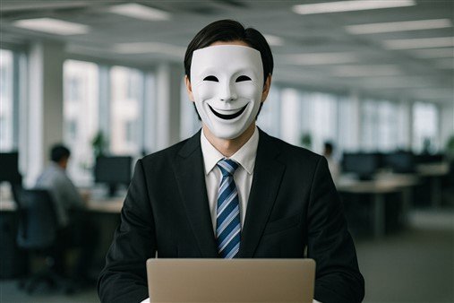 Homme en costume portant un masque blanc avec un grand sourire pour illustrer le collègue faux gentil et son double visage