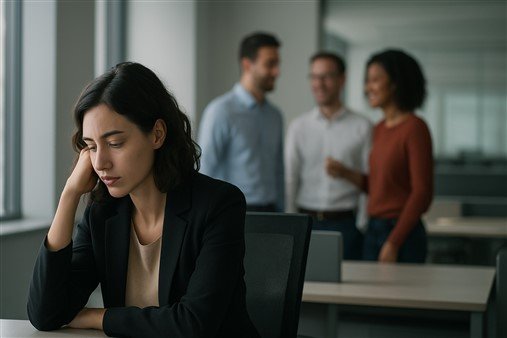 au premier plan une femme triste, à l'arrière plan trois collègues qui discutent et sourient, pour illustrer un des signes de collègue toxique au travail, lorsqu'il isole et monte les autres contre vous