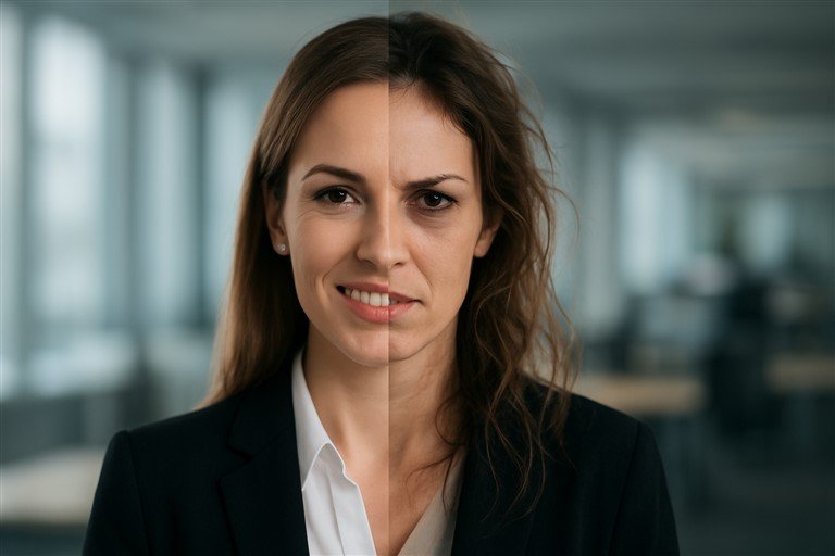 photo représentant une femme au double visage pour illustrer un collègue toxique au travail : d'un côté avenant, de l'autre malveillant