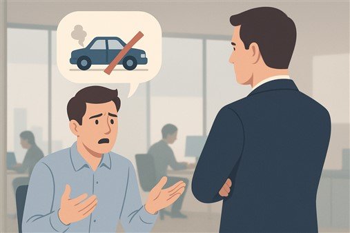 Illustration d'un des 15 commandements du manager toxique : salarié décrivant une panne de voiture face à un manager toxique sans empathie, bras croisés et indifférent.
