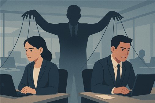 Manager toxique manipulant son équipe en tirant les ficelles et en créant des rivalités entre collègues, illustrant un des 15 commandements du manager toxique.