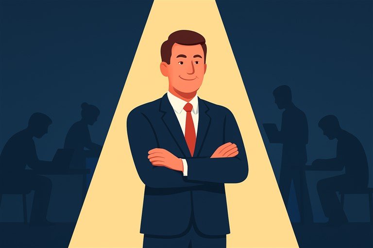 Manager toxique mis en lumière qui s’approprie le mérite du travail de ses collaborateurs laissés dans l’ombre, illustrant un des 15 commandements du manager toxique.