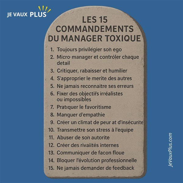 Les 15 commandements du manager toxique représentés gravés sur une tablette en pierre.
