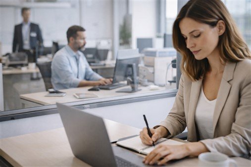 Collègue prenant des notes au bureau, illustrant les mécanismes par lesquels une collègue surveille au travail dans un contexte professionnel