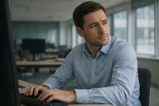 Employé pensif au bureau, illustrant le doute et l’introspection sur le sentiment d’être observé par une collègue au travail