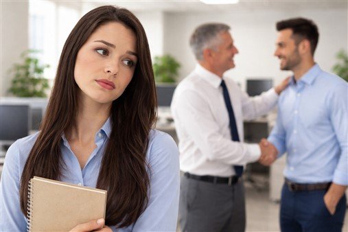 Une collègue jalouse de son collègue, qui se fait féliciter par le manager en arrière plan.