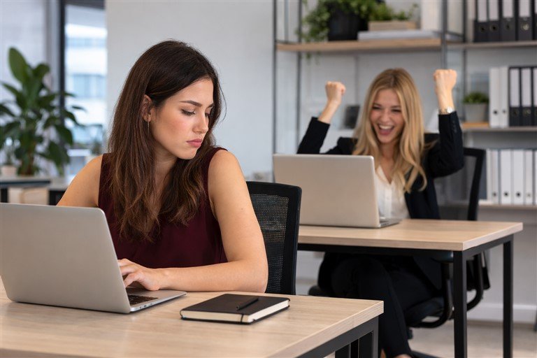 Illustration des signes d'un collègue jaloux au travail : une personne est jalouse de la réussite de sa collègue, qui lève les bras en l'air en signe de victoire