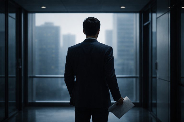 salarié debout tenant des feuilles regardant dehors au loin suite à un entretien annuel décevant