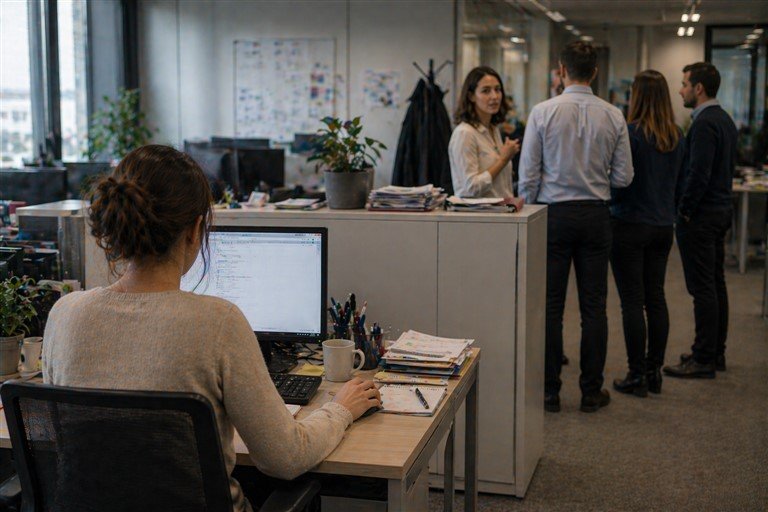 Salariée seule à son bureau dans un open space, illustrant le sentiment de ne plus vouloir travailler avec sa collègue