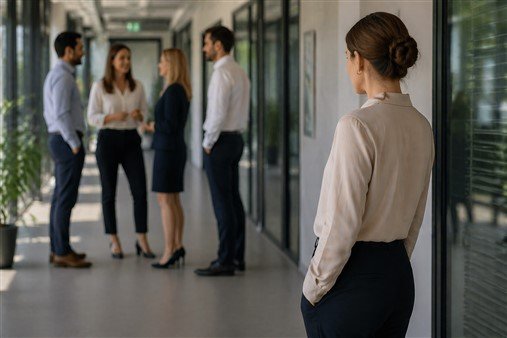 Salariée en retrait observant ses collègues, illustrant une relation entre collègues tendue et l'isolement progressif au travail