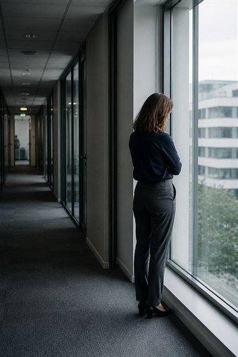Professionnelle pensive face à une fenêtre de bureau, illustrant le doute face à un climat délétère au travail