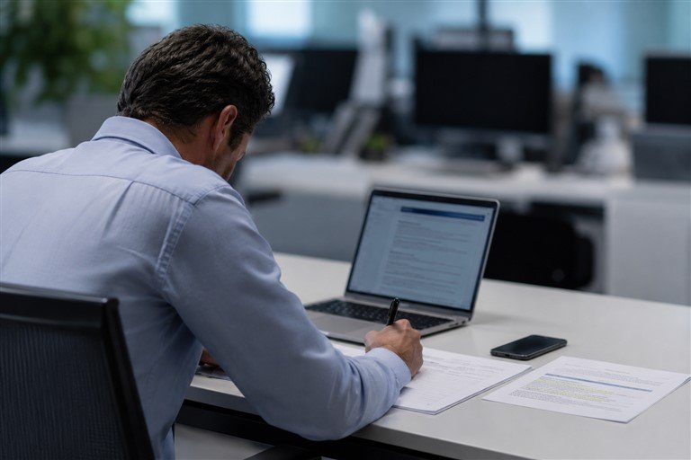 Cadre préparant son dossier avant de dénoncer un manager toxique