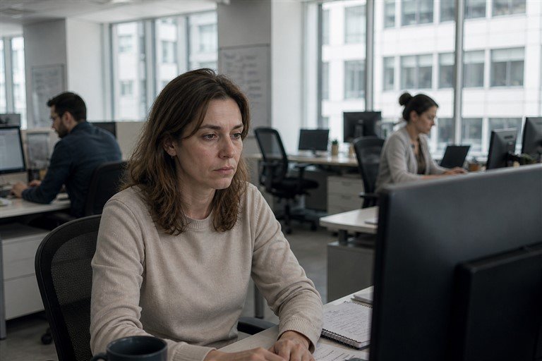 Cadre dans un open space silencieux au regard pensif, illustrant une mauvaise ambiance au travail