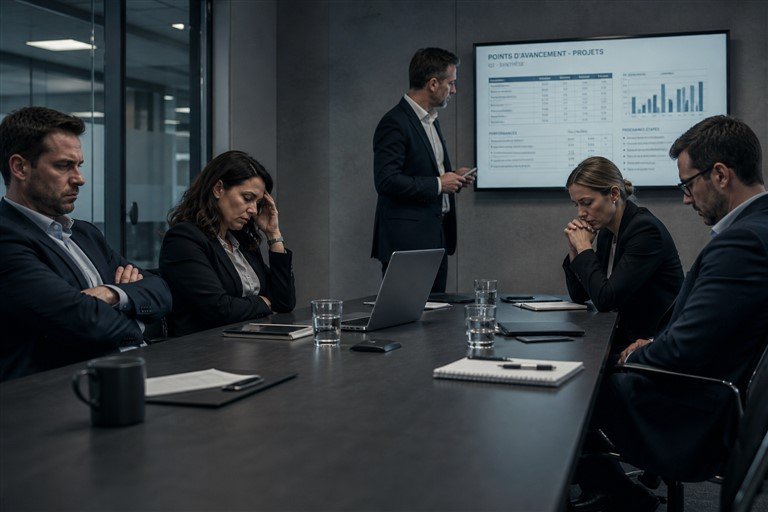Réunion professionnelle tendue où personne n'écoute, signe d'un climat délétère au travail