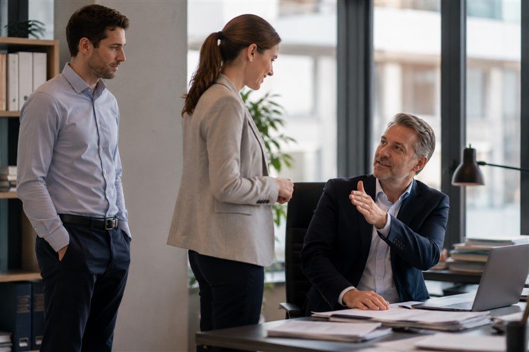 Manager en échange privilégié avec une collaboratrice pendant qu'un collègue est écarté, illustrant favoritisme et copinage au travail