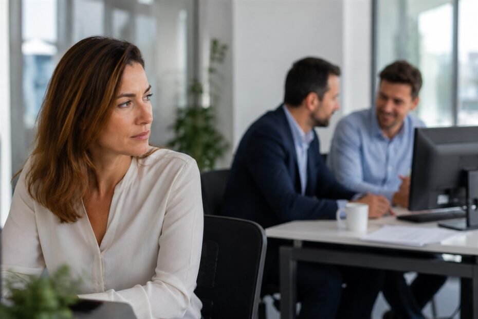 Salariée en retrait pendant qu'un collègue et le manager échangent en arrière-plan, illustrant le favoritisme au travail