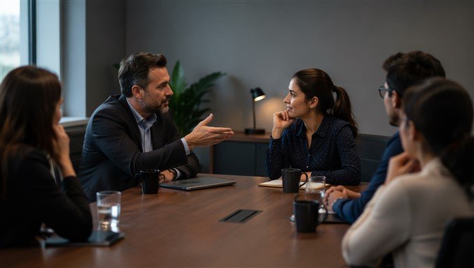 Manager en échange exclusif avec une collaboratrice en réunion d'équipe, illustrant une situation de favoritisme au travail