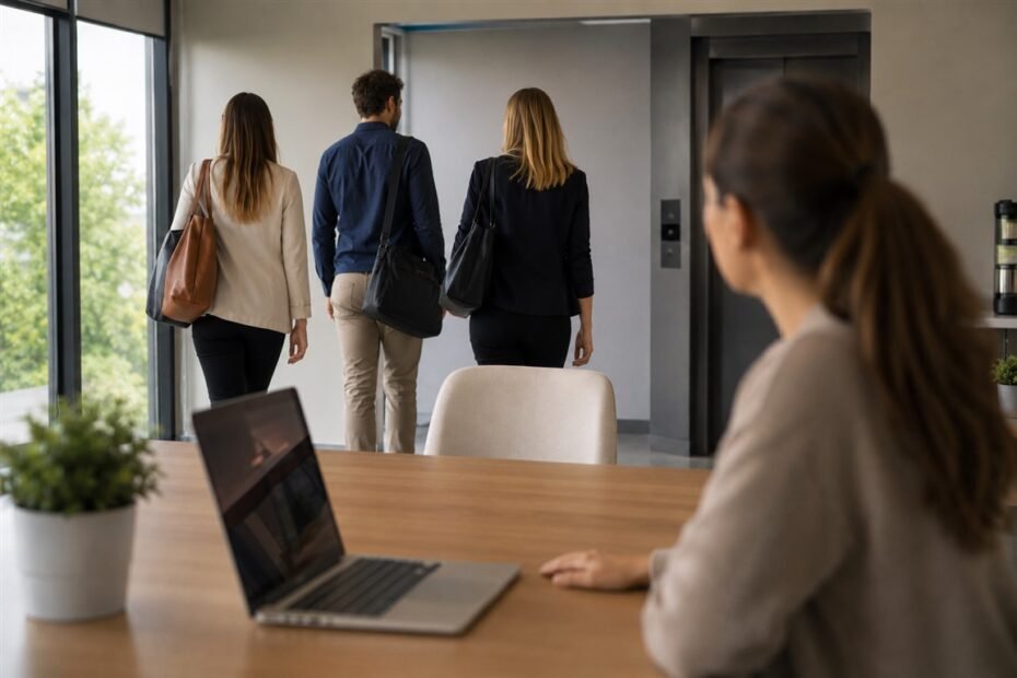 Mise à l'écart par les collègues au travail : groupe de collègues quittant le bureau ensemble pour la pause déjeuner, laissant une personne exclue