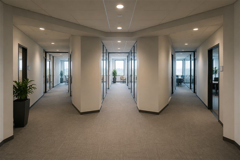 Trois couloirs de bureau symbolisant le tri à faire face à une mise à l'écart au travail : bruit, alerte ou signal de sortie