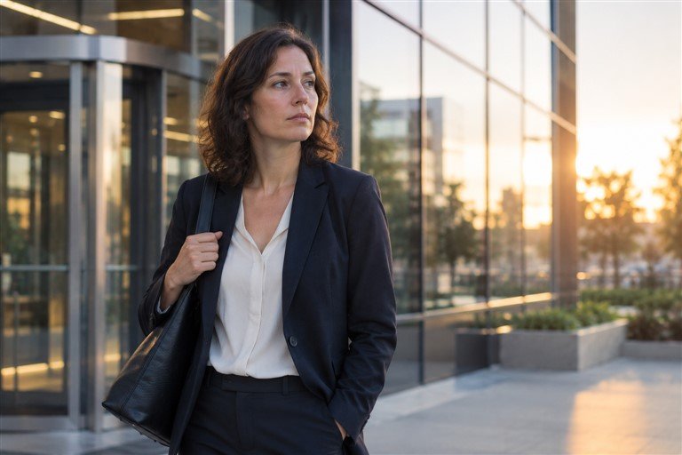 Femme cadre d'une quarantaine d'années qui déteste son travail, sac de travail à l'épaule, à l'extérieur de son bureau, regard incertain