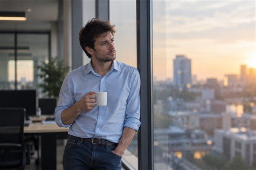 Salarié qui n'aime pas son travail qui regarde par la fenêtre, se questionnant sur son métier